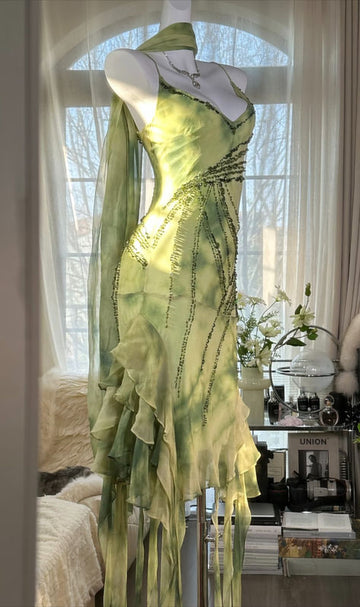 Green A Line Spaghetti Strap Beaded Ruffle Chiffon Short Party Dress Prom Dress HZ1023